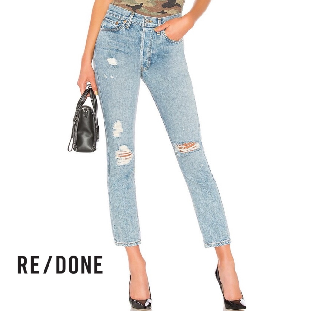 Re/Done Originals High Rise Straight Jean in Light Destruction 26 Button Fly